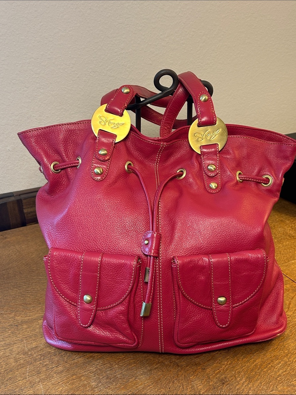 Sharif Americana Red Genuine Pebble Leather Large Hobo Shoulder Bag - Picture 2 of 16